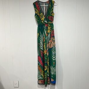FLYING TOMATO Women's Green Multicolor Floral Jumpsuit Wide Leg Sz S